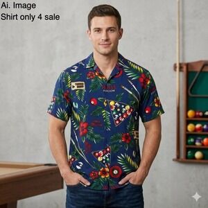 Box-Office Island Billiard Pool Hall Hawaiian Shirt M 8-Ball Novelty Kitsch Blue